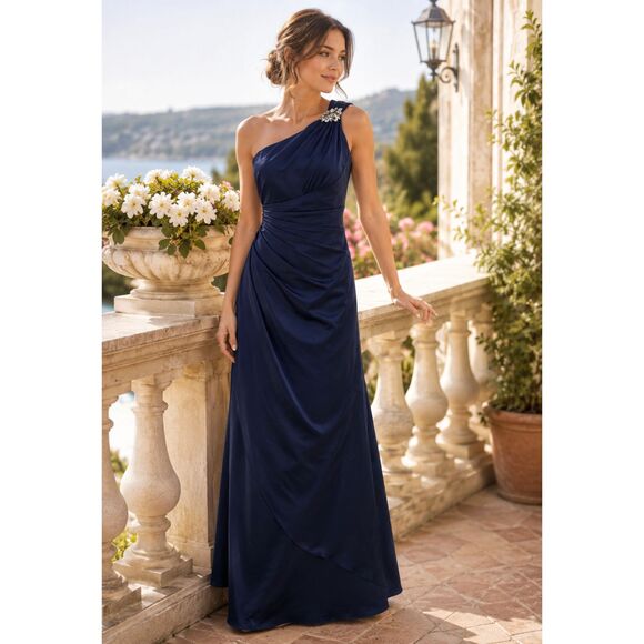 David's Bridal Dresses & Skirts - David's Bridal Navy One-Shoulder Formal Gown Sz. 10 NWT Rhinestone Maxi Dress